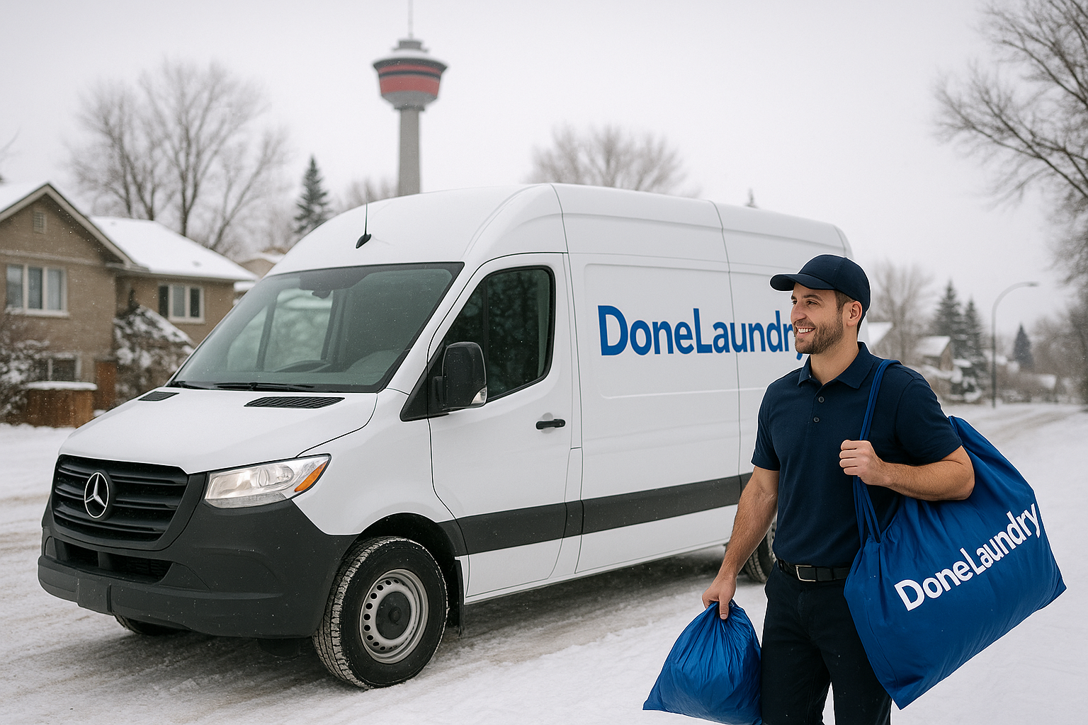 Done Laundry van and delivery person in a snowy Calgary neighborhood